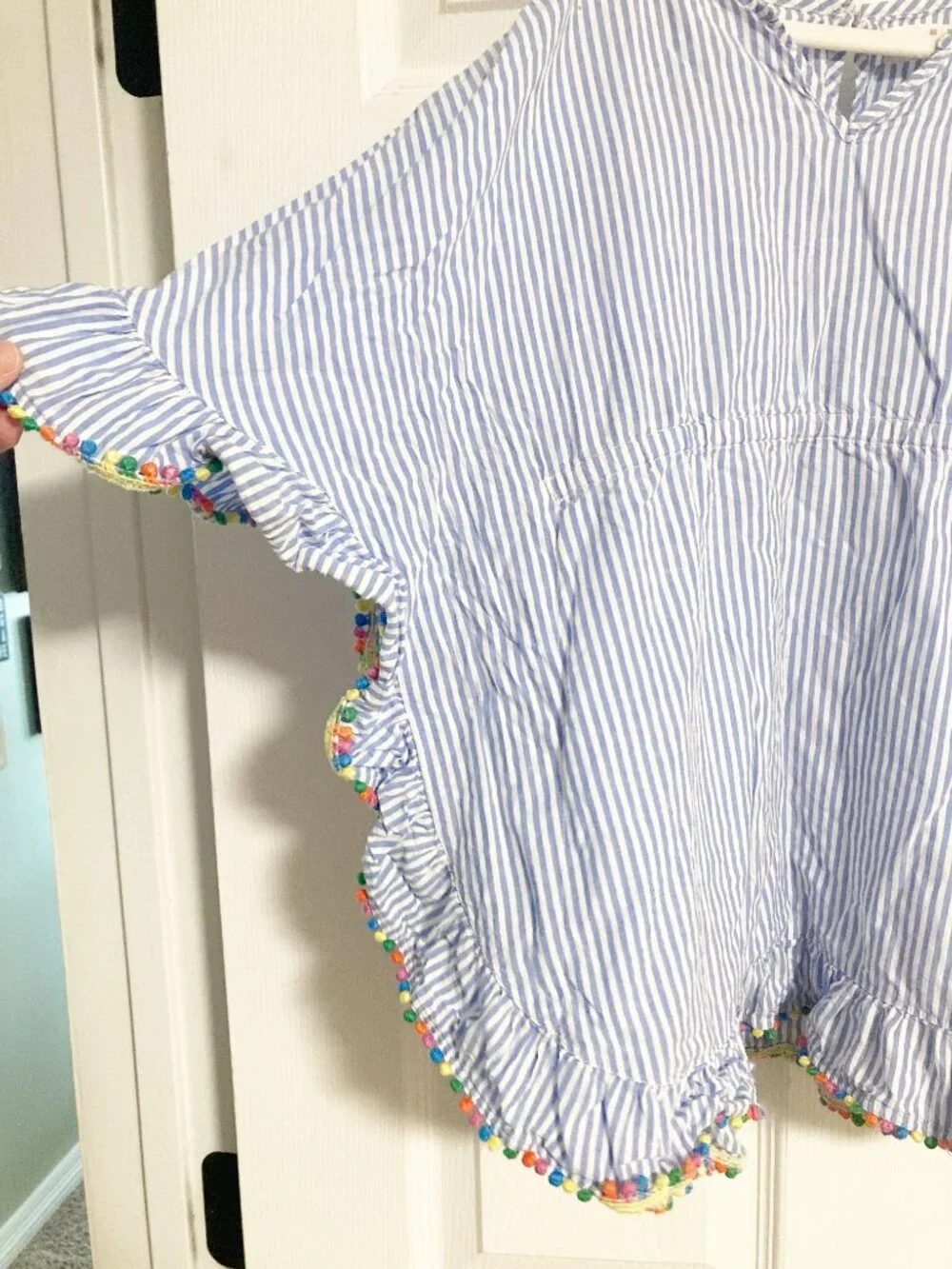 Mini Boden Pom Trim Poncho Kaftan Size 5-6 100% Cotton